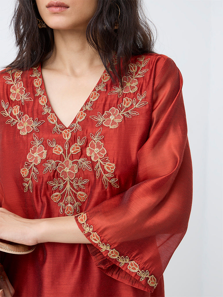Utsa Orange Floral Embroidered Straight Kurta