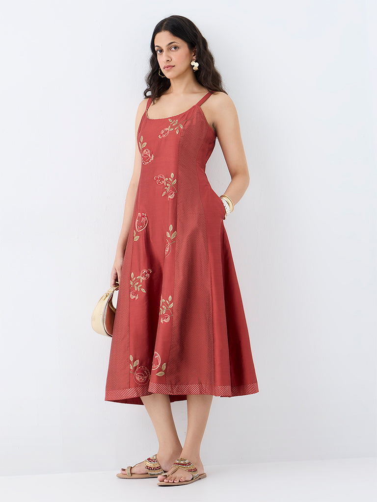 Utsa Rust Anar Embroidered A-Line Dress