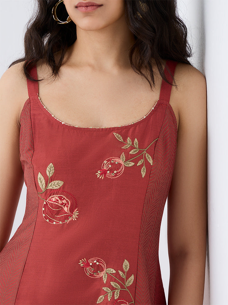 Utsa Rust Anar Embroidered A-Line Dress