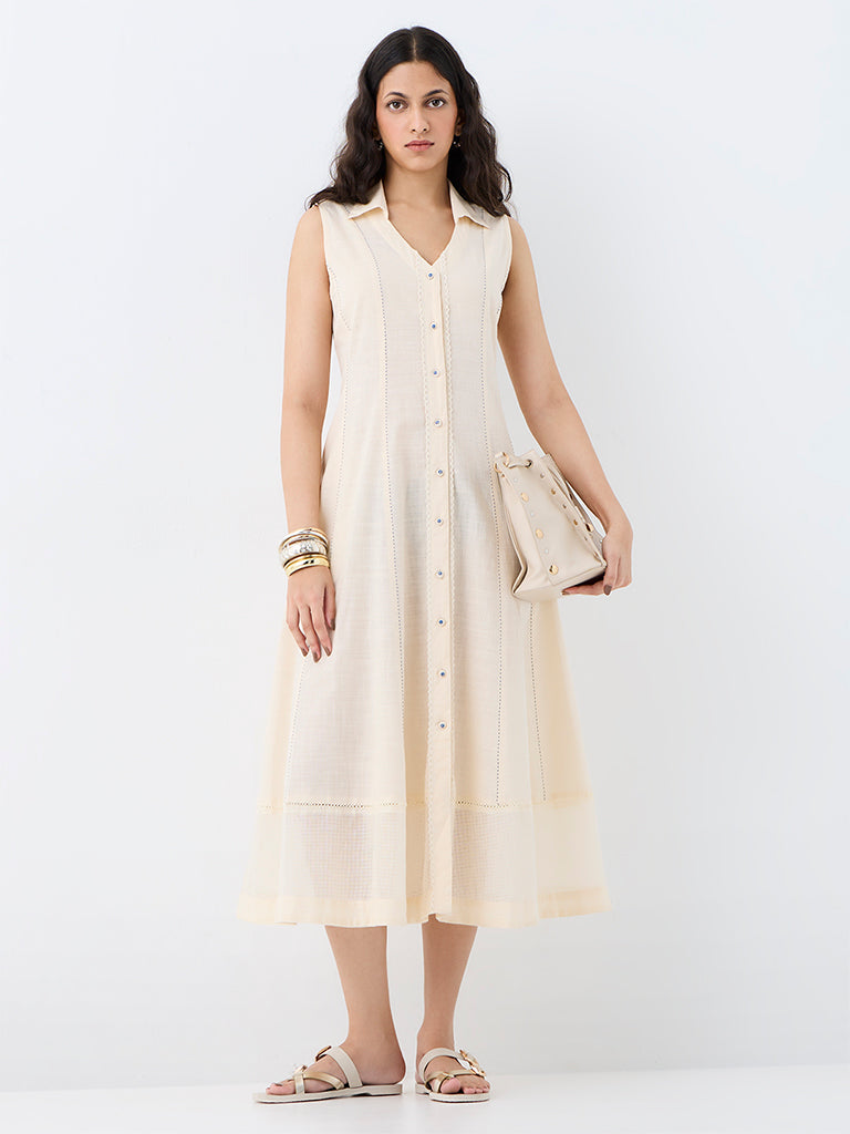Utsa Off-White Kantha Striped Cotton Shirt Dress