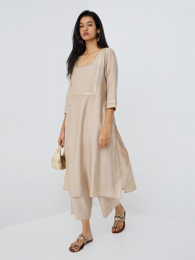 Utsa Taupe Sequin Embellished A-Line Kurta