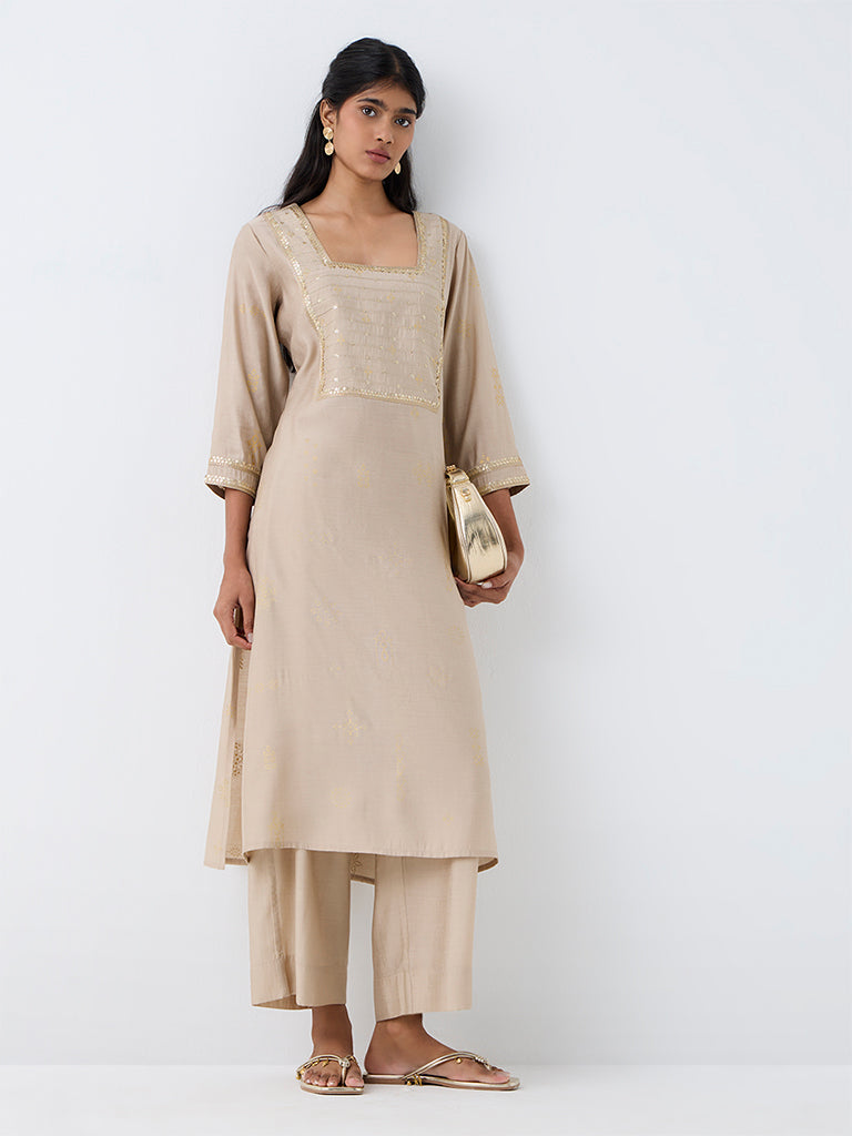 Utsa Taupe Sequin Embellished A-Line Kurta