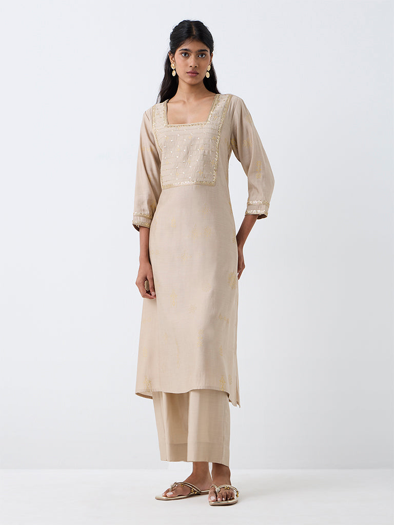 Utsa Taupe Sequin Embellished A-Line Kurta