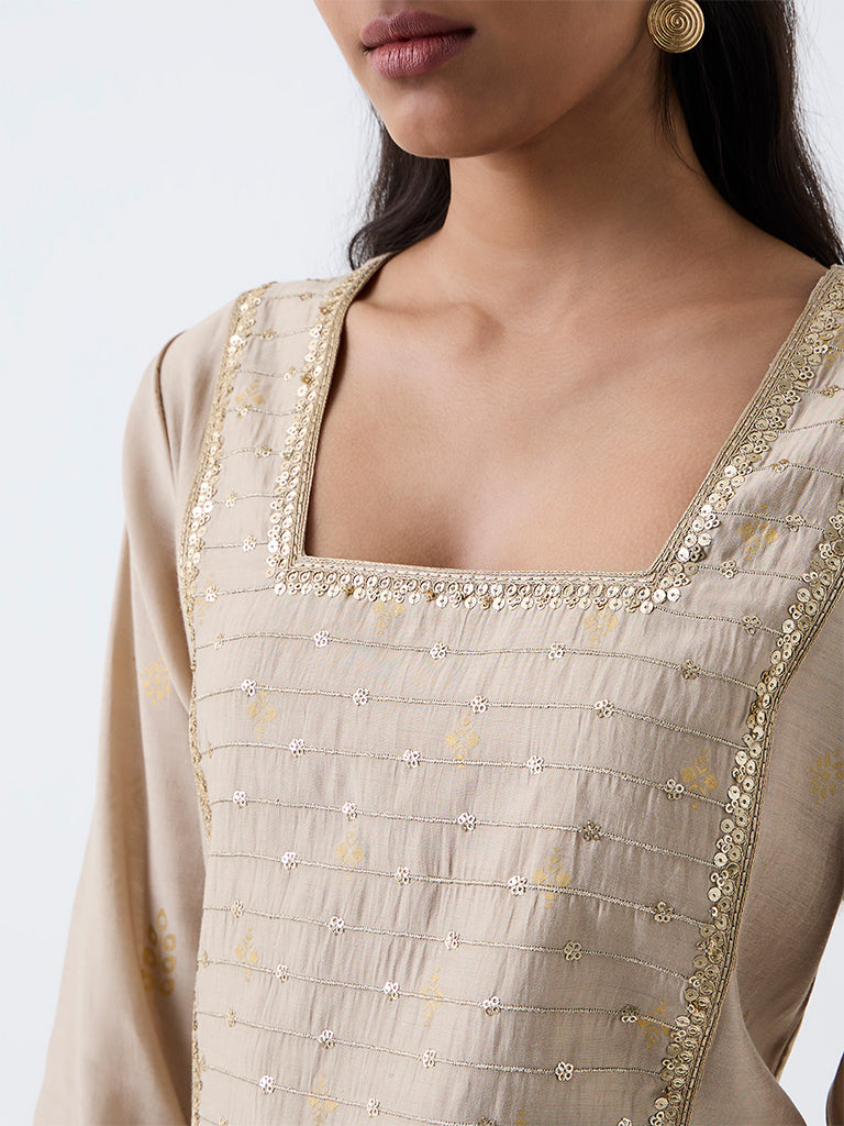 Utsa Taupe Sequin Embellished A-Line Kurta
