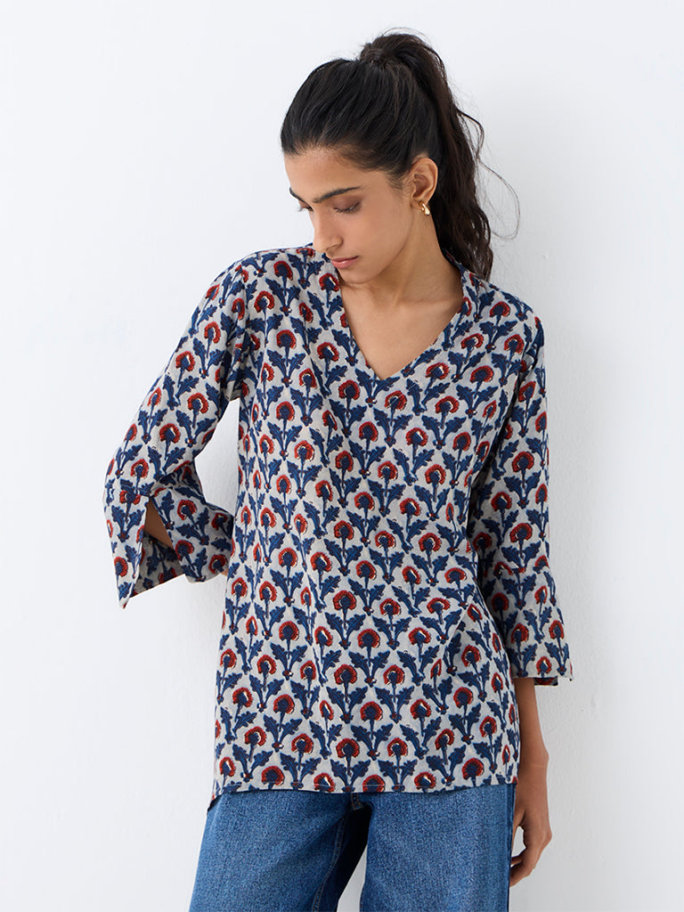 Utsa Light Blue Floral Printed Tunic