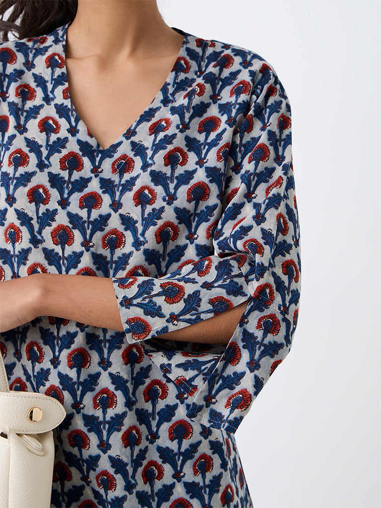 Utsa Light Blue Floral Printed Tunic