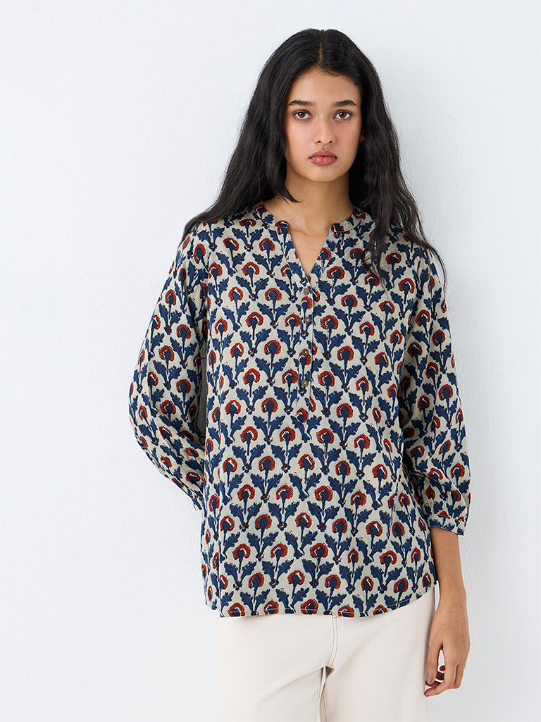 Utsa Blue Floral Printed Tunic