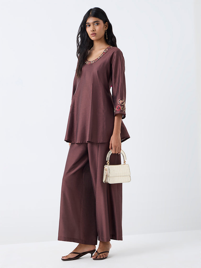Utsa Brown Floral Embroidered Kurti