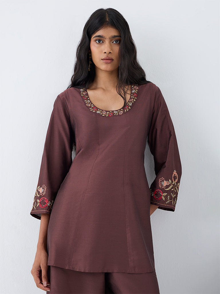 Utsa Brown Floral Embroidered Kurti