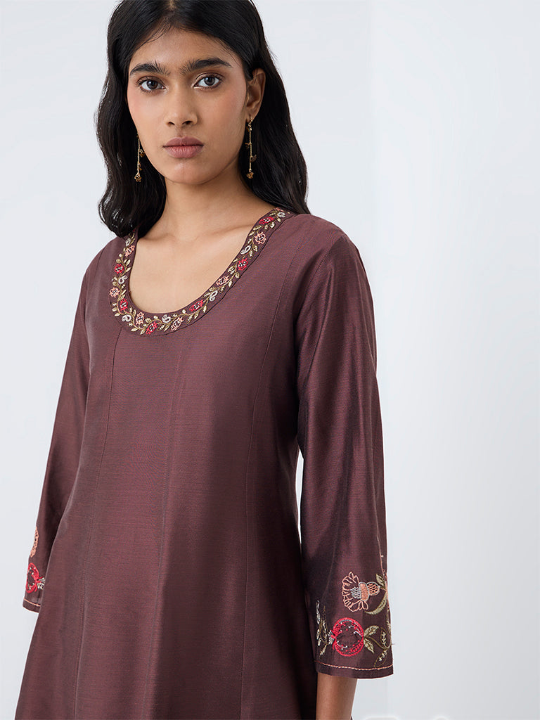 Utsa Brown Floral Embroidered Kurti