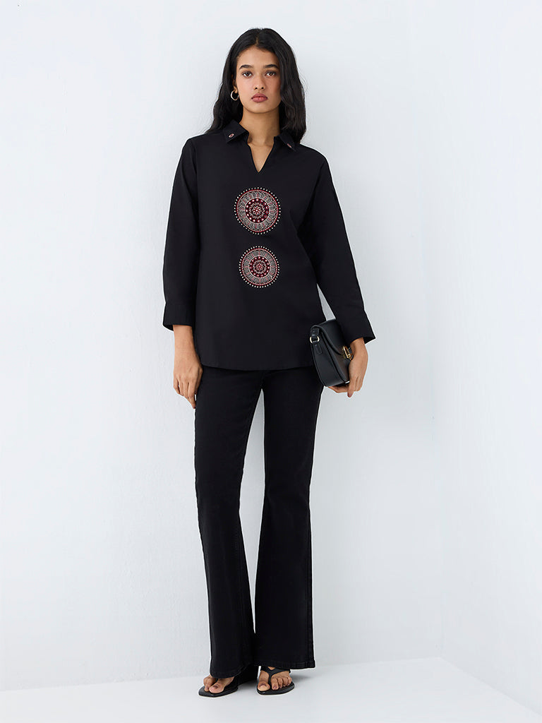 Utsa Black Embroidered Cotton-Blend Tunic