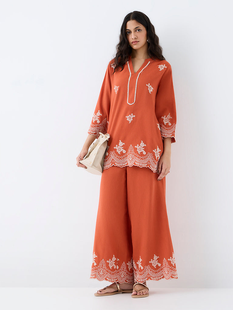 Utsa Orange Floral Embroidered Tunic