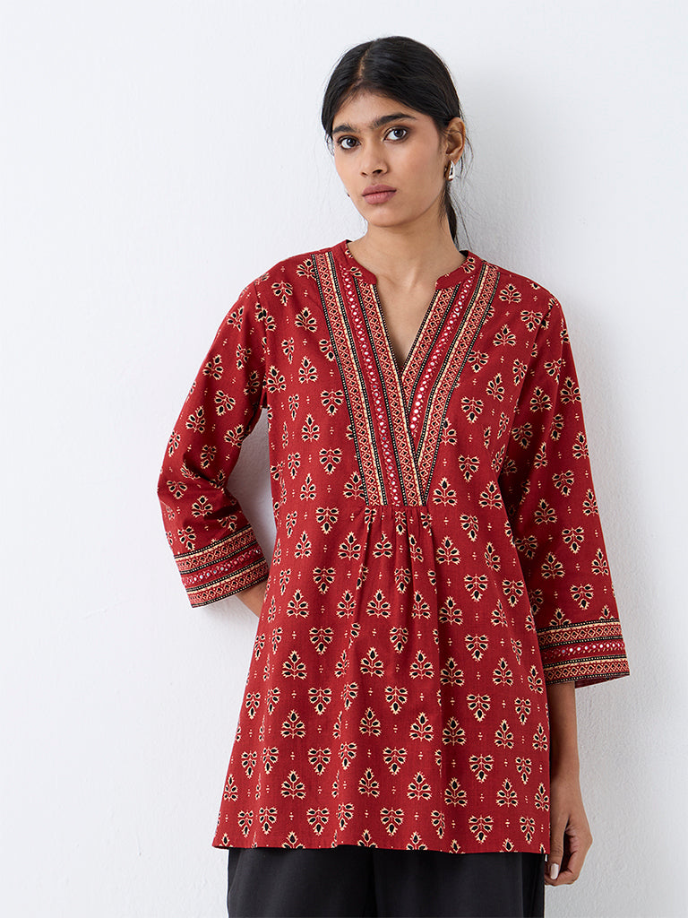 Utsa Red Foliage Printed Cotton Tunic