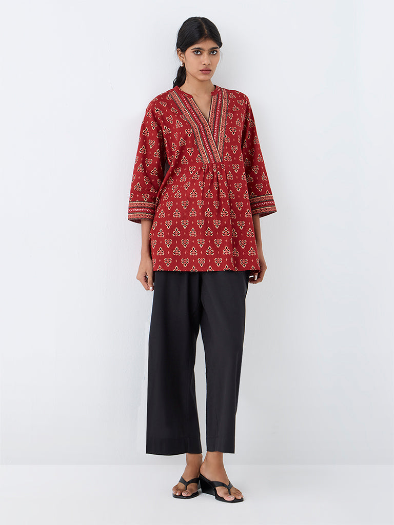 Utsa Red Foliage Printed Cotton Tunic