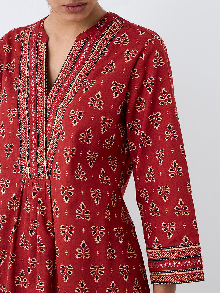 Utsa Red Foliage Printed Cotton Tunic