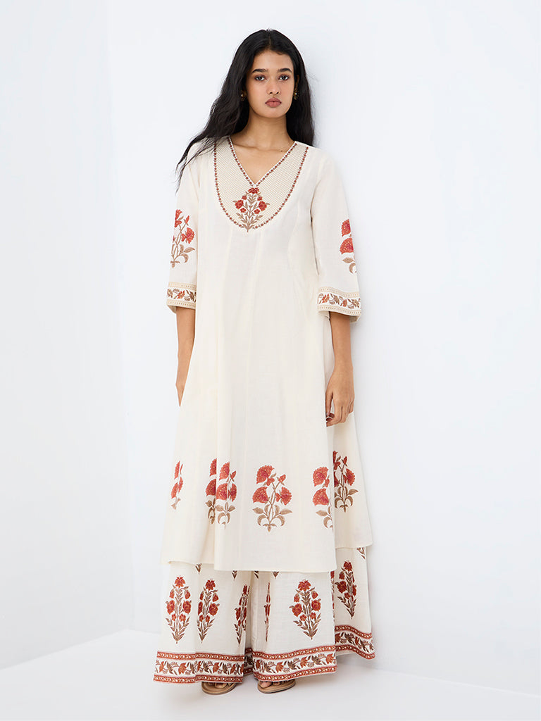 Utsa Off-White Botanical Pattern Cotton A-Line Kurta