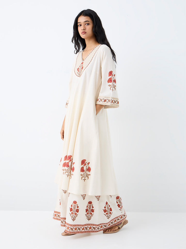 Utsa Off-White Botanical Pattern Cotton A-Line Kurta