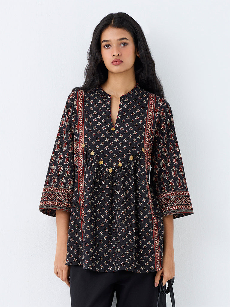 Utsa Black Floral Printed Embellished Tunic