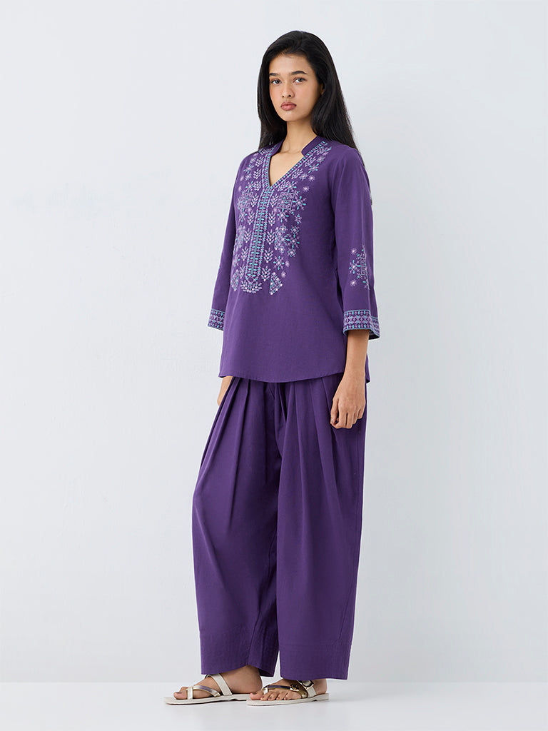 Utsa Violet Embroidered Cotton-Blend Tunic