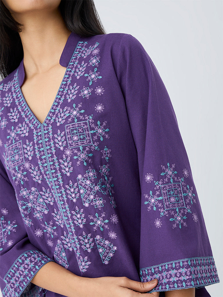 Utsa Violet Embroidered Cotton-Blend Tunic