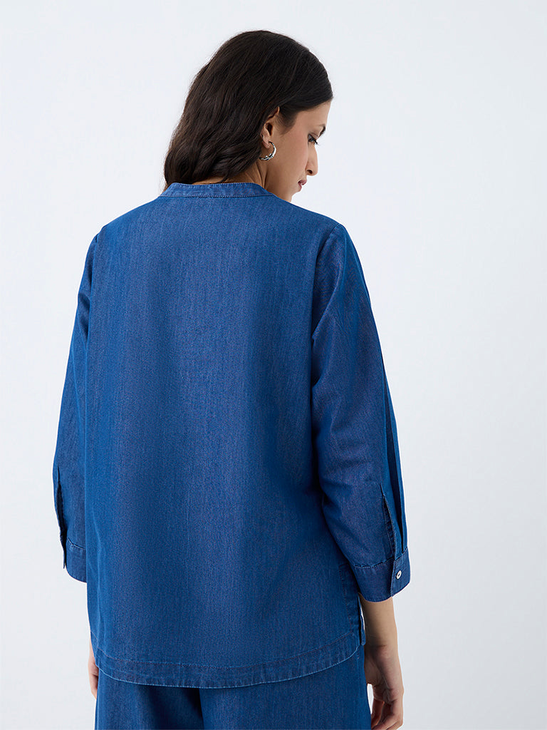 Utsa Blue Floral Embroidered Denim Top