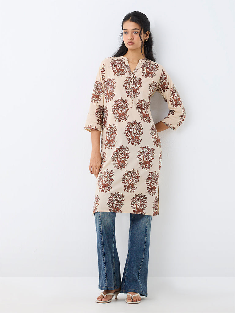 Utsa Beige Deer Printed Cotton Straight Kurta
