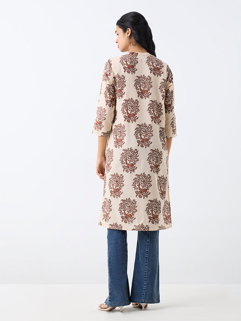 Utsa Beige Deer Printed Cotton Straight Kurta