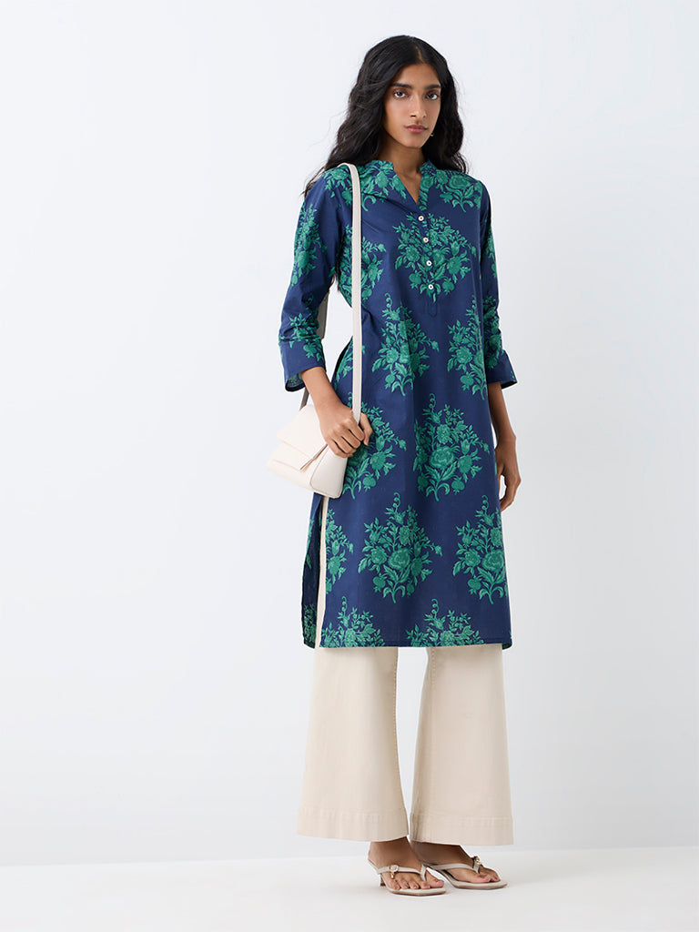 Utsa Indigo Floral Printed Cotton Straight Kurta