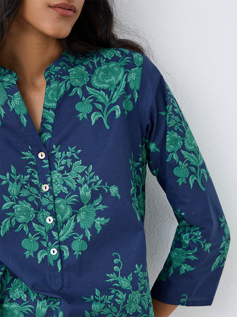 Utsa Indigo Floral Printed Cotton Straight Kurta