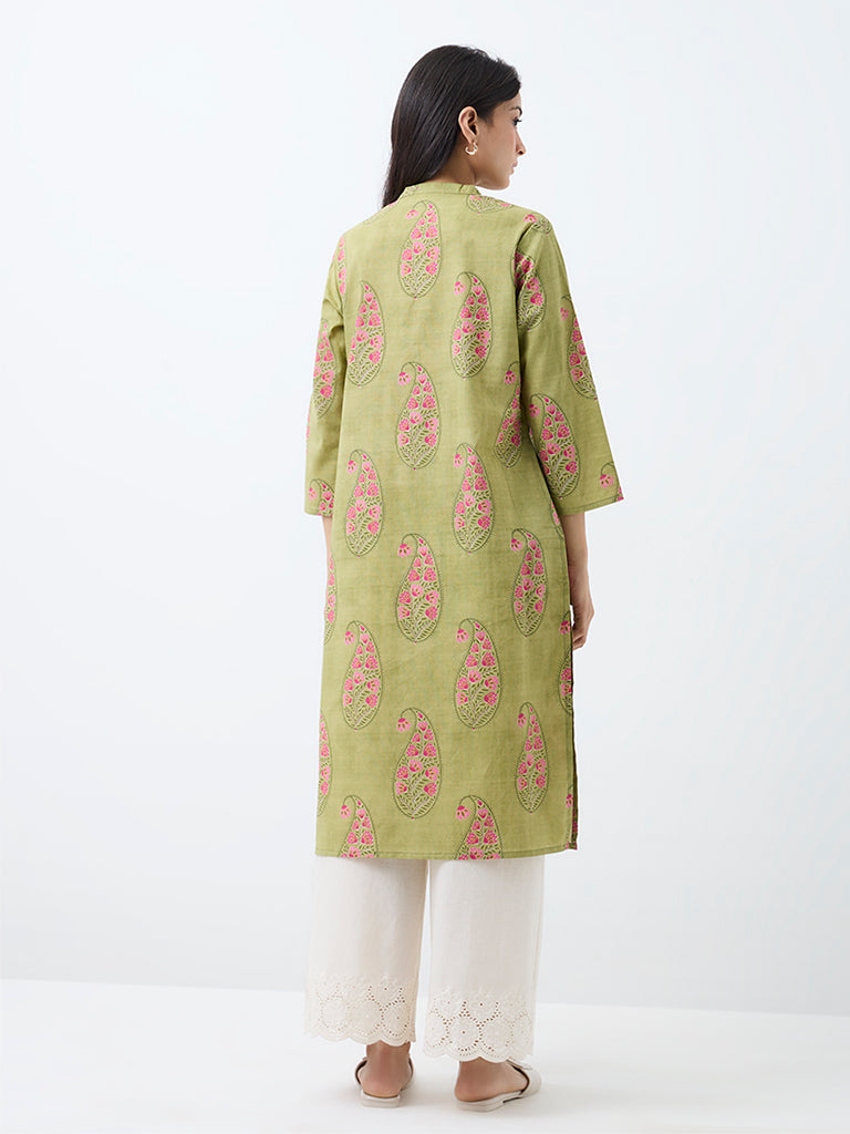 Utsa Green Paisley Design Cotton Straight Kurta