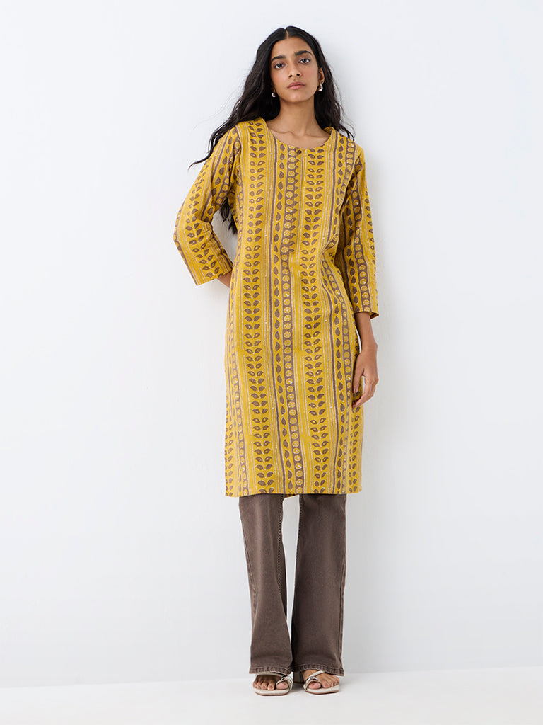 Utsa Mustard Botanical Printed Cotton Straight Kurta