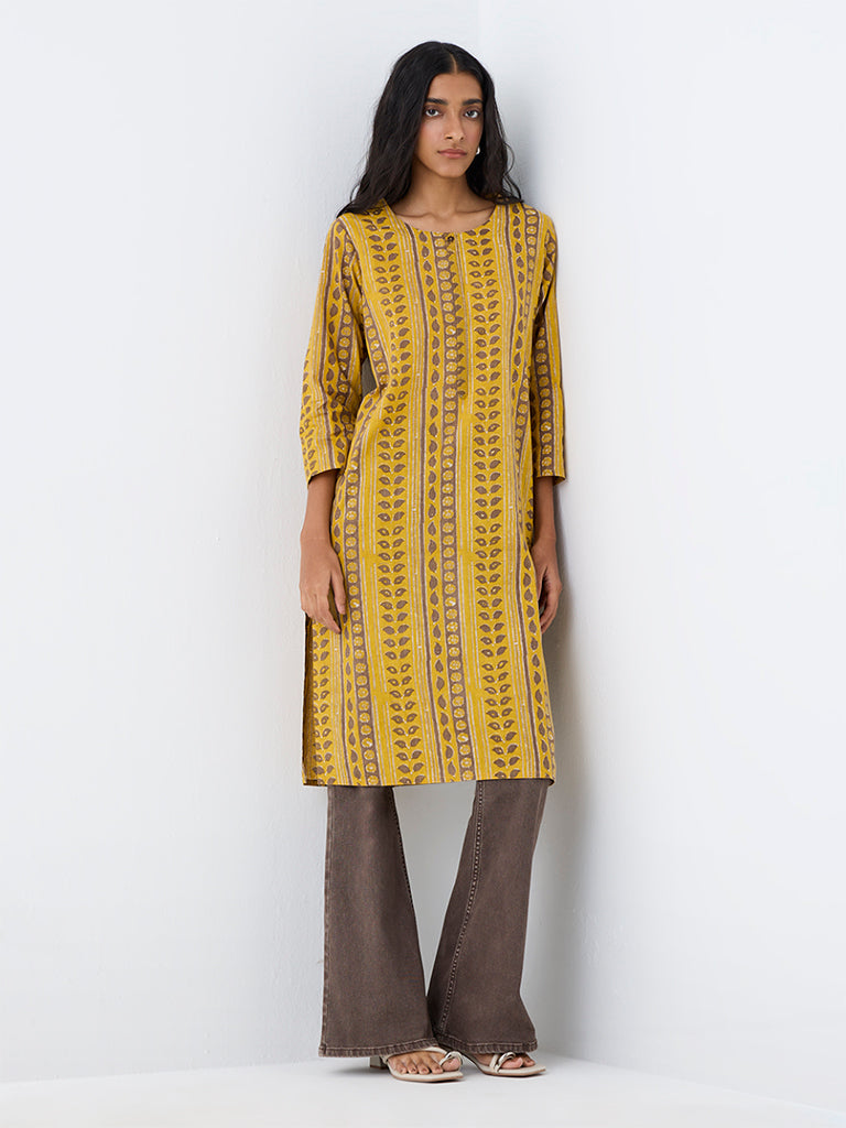 Utsa Mustard Botanical Printed Cotton Straight Kurta