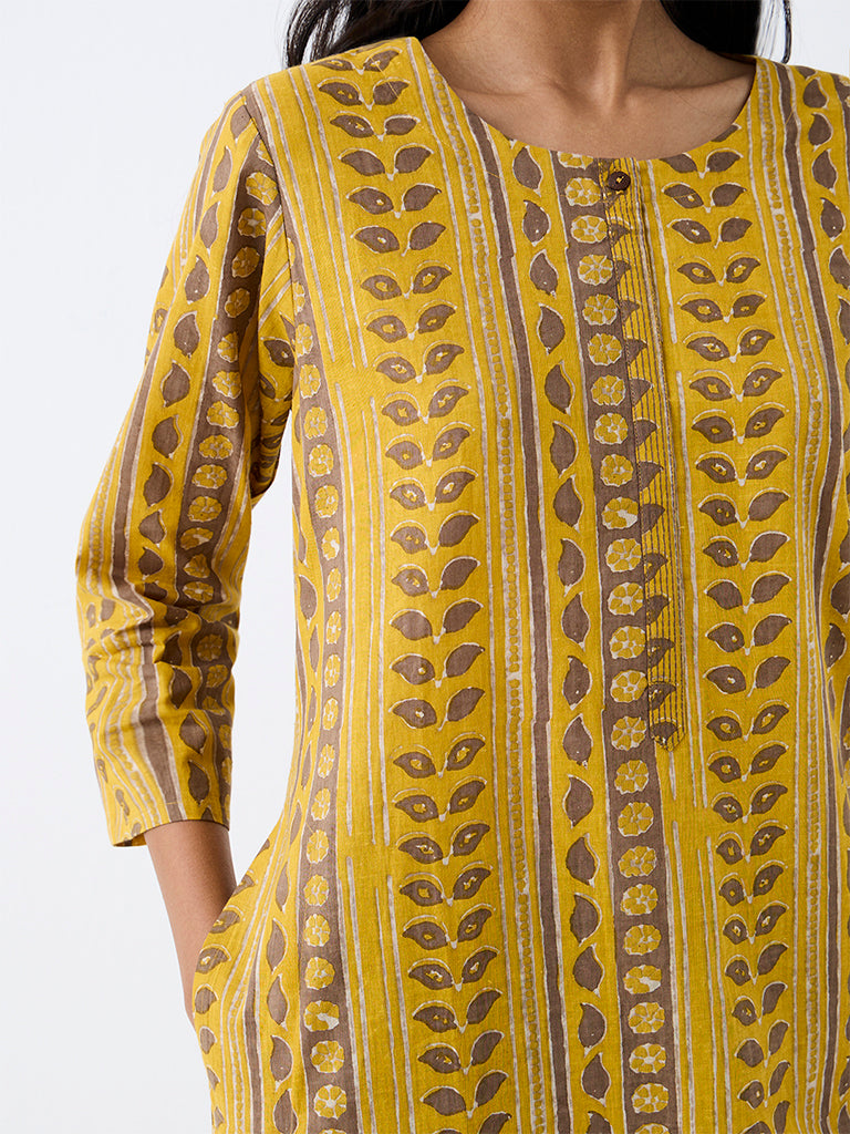 Utsa Mustard Botanical Printed Cotton Straight Kurta