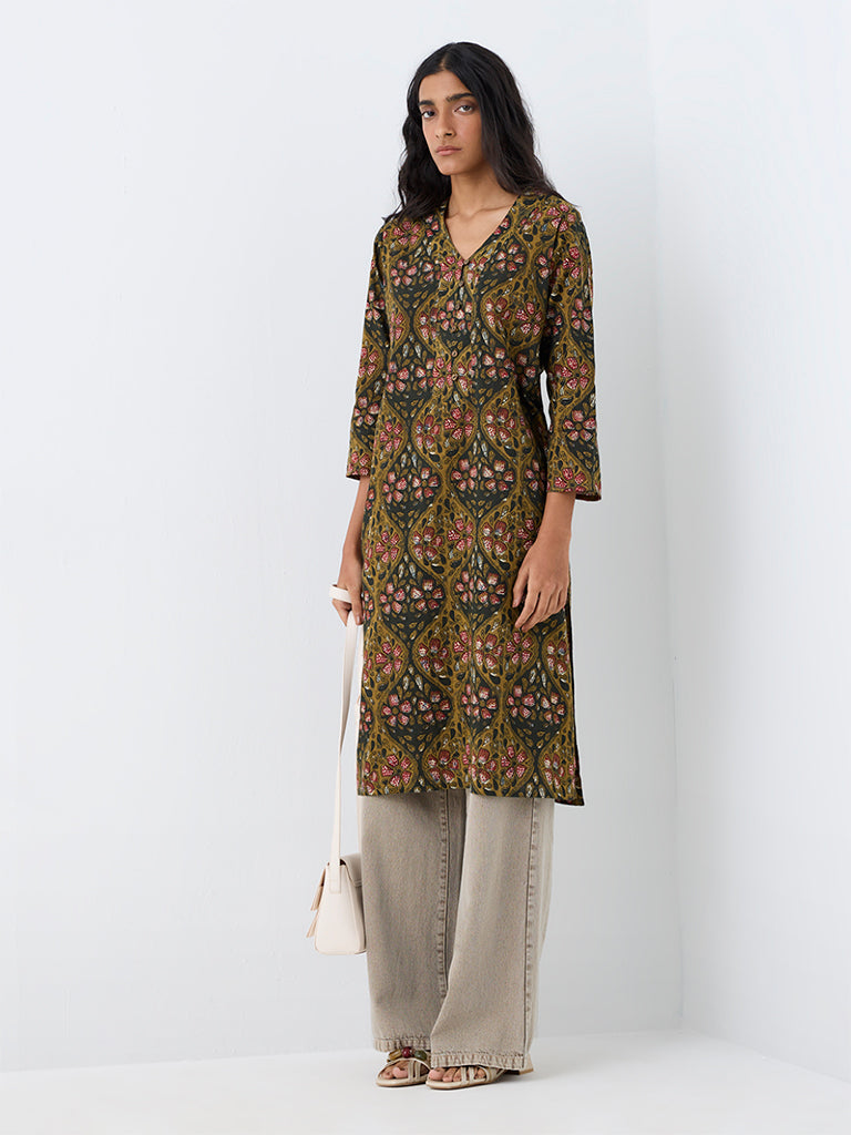 Utsa Dark Olive Floral Printed Cotton Straight Kurta