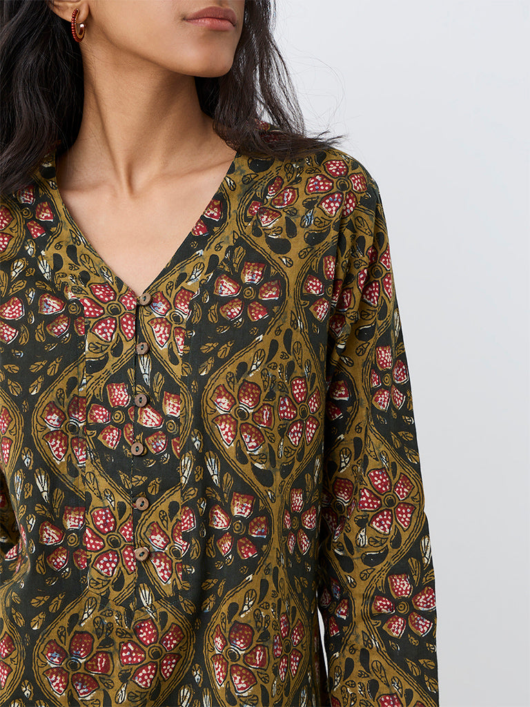 Utsa Dark Olive Floral Printed Cotton Straight Kurta