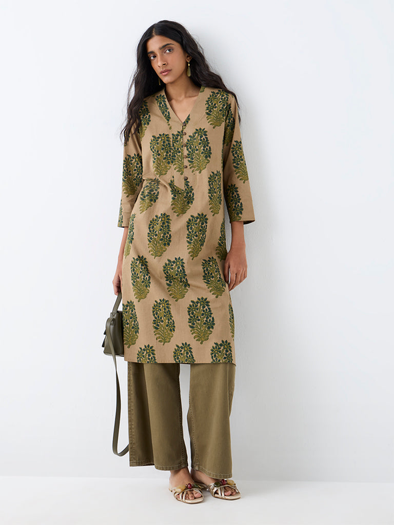 Utsa Taupe Floral Printed Cotton Straight Kurta