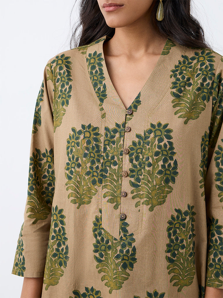 Utsa Taupe Floral Printed Cotton Straight Kurta