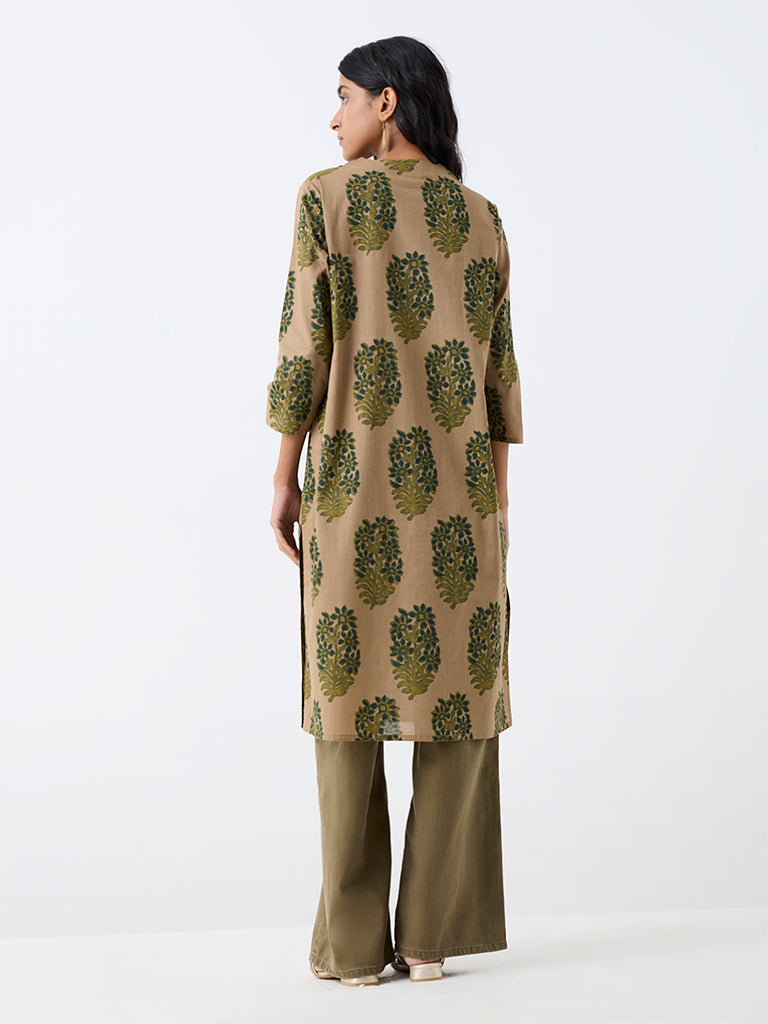 Utsa Taupe Floral Printed Cotton Straight Kurta