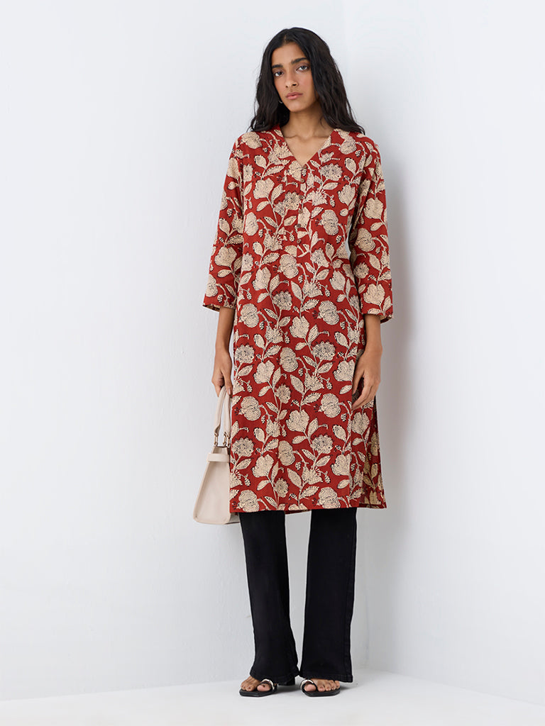 Utsa Red Floral Printed Cotton Straight Kurta