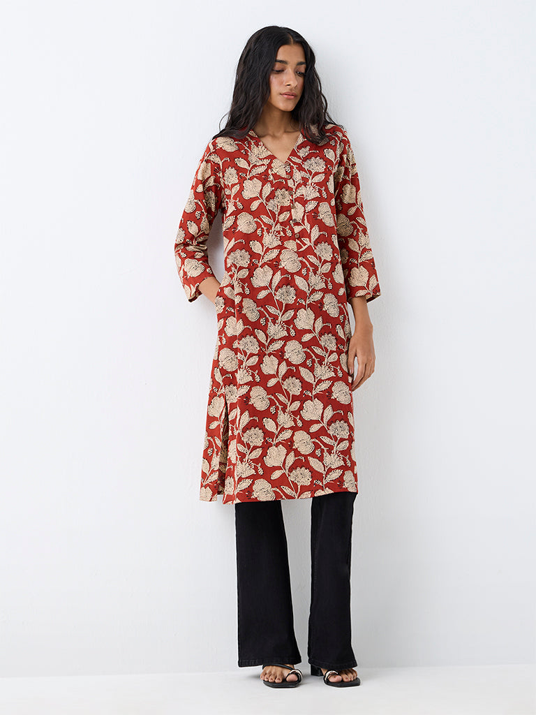 Utsa Red Floral Printed Cotton Straight Kurta