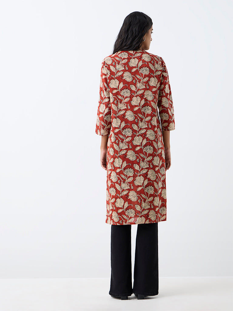 Utsa Red Floral Printed Cotton Straight Kurta