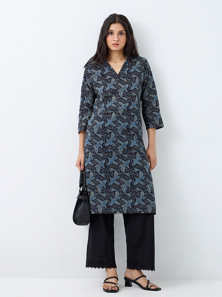 Utsa Navy Fish Design Cotton Straight Kurta