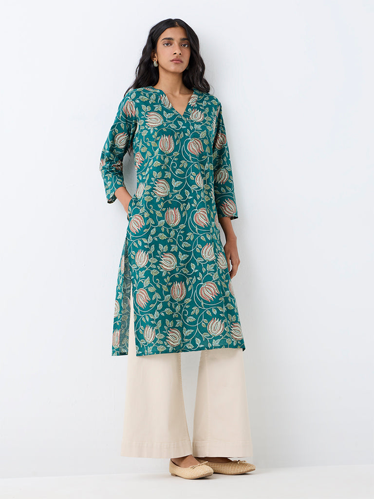 Utsa Teal Floral Printed Cotton Straight Kurta