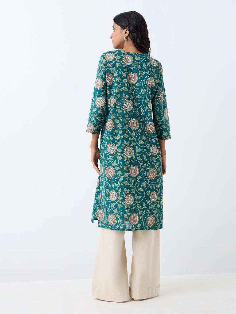 Utsa Teal Floral Printed Cotton Straight Kurta