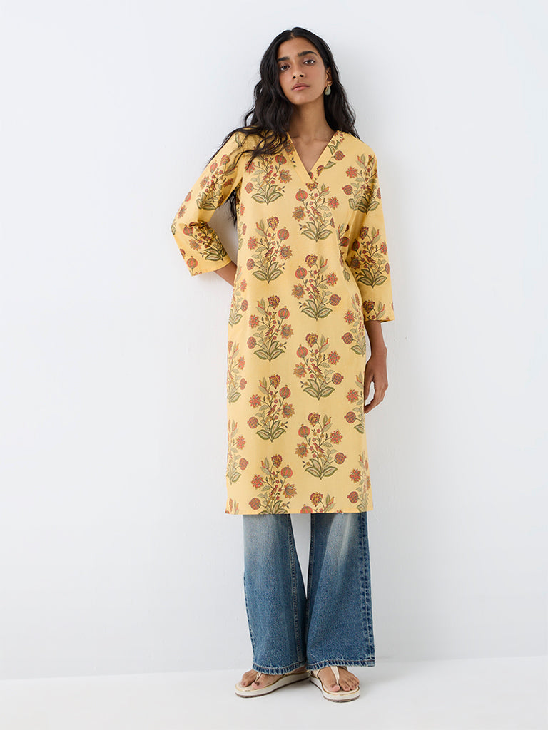 Utsa Yellow Floral Printed Cotton Straight Kurta