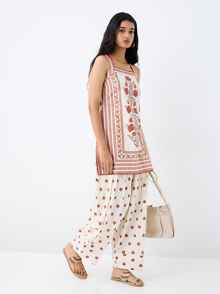 Utsa Off-White Foliage Printed Cotton Straight Kurti