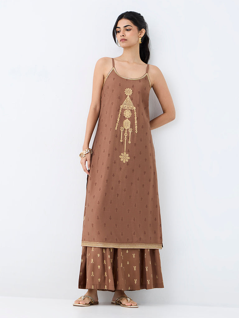 Utsa Light Brown Printed A-Line Kurta