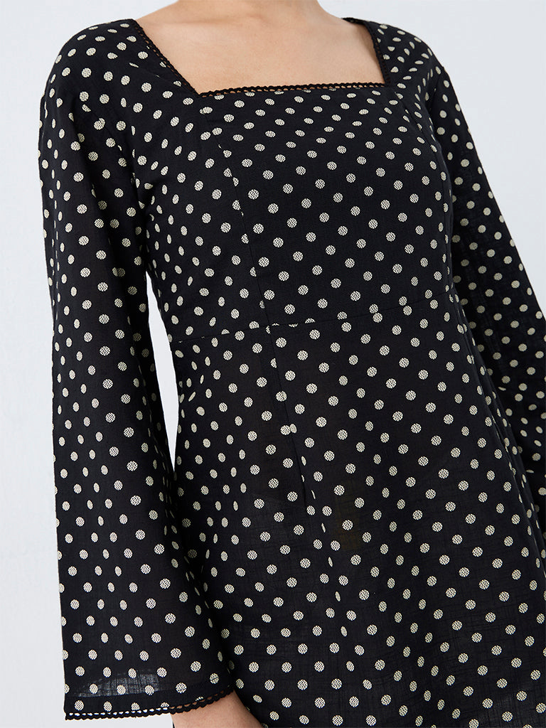Utsa Black Polka Dot Printed Cotton Tunic