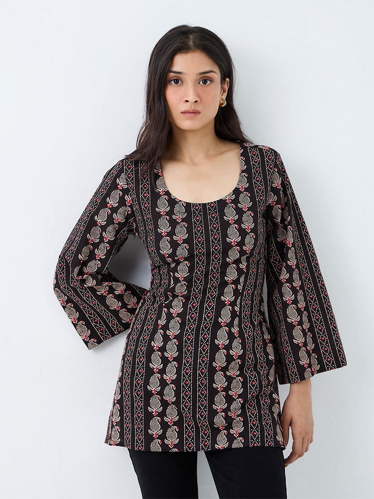 Utsa Black Leaf Patterned Cotton Tunic