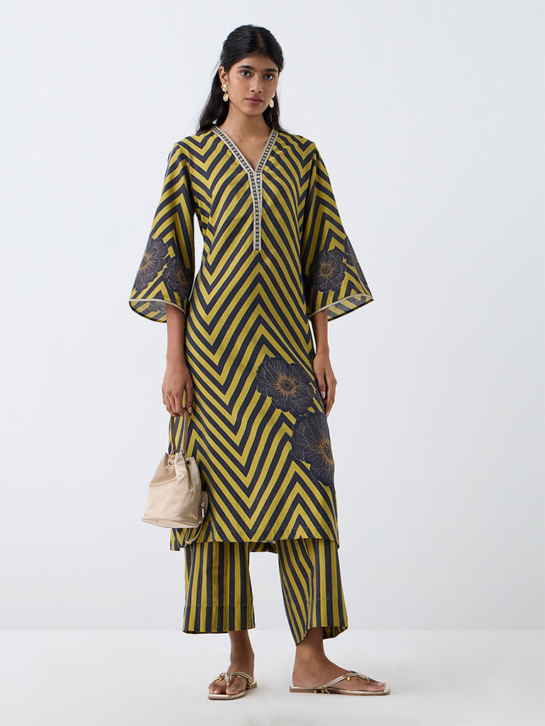 Utsa Lime and Grey Striped Pants